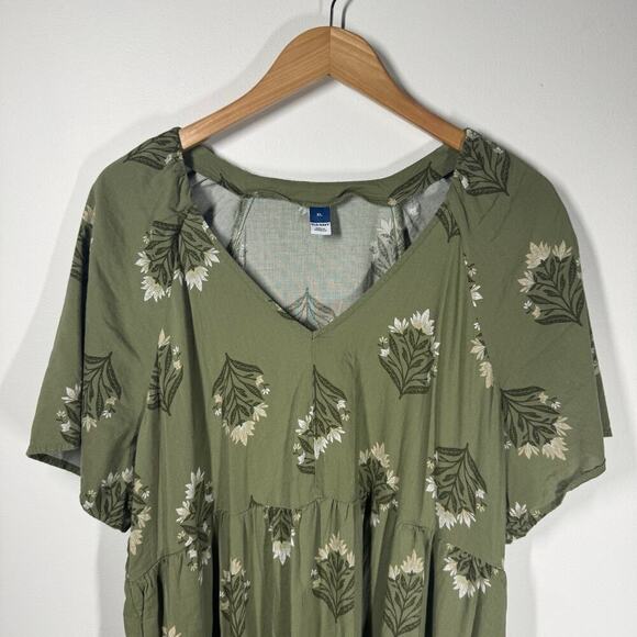 Old Navy Plus Size Dress Women XL Green Floral Pocket Spring Peasant Tiered - Picture 3 of 8